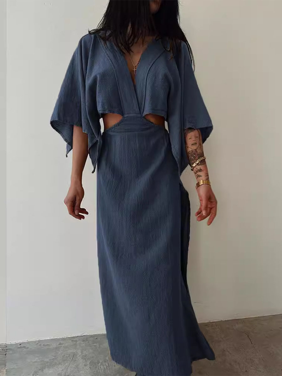 Chic exposed waist cotton and linen dress