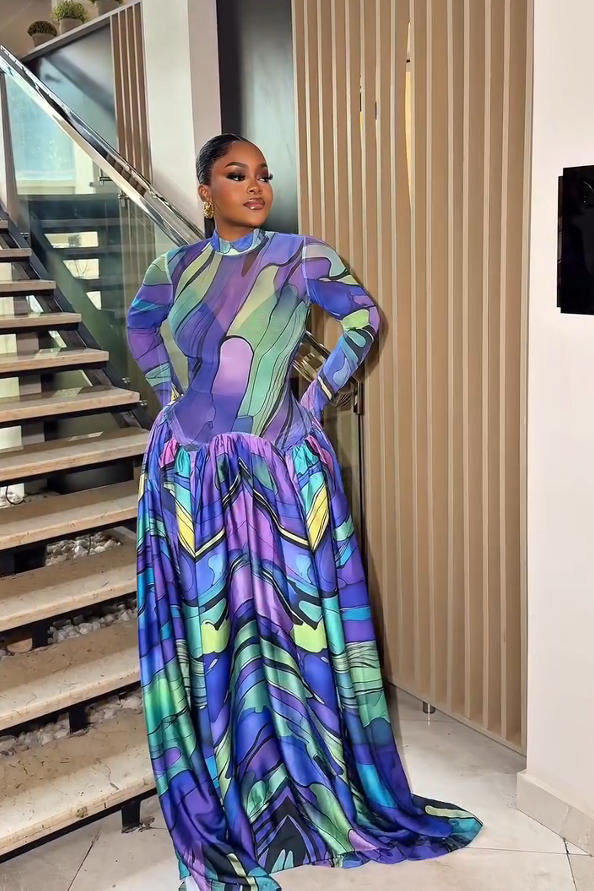 Blue Art-Paint Inspired Maxi Dress