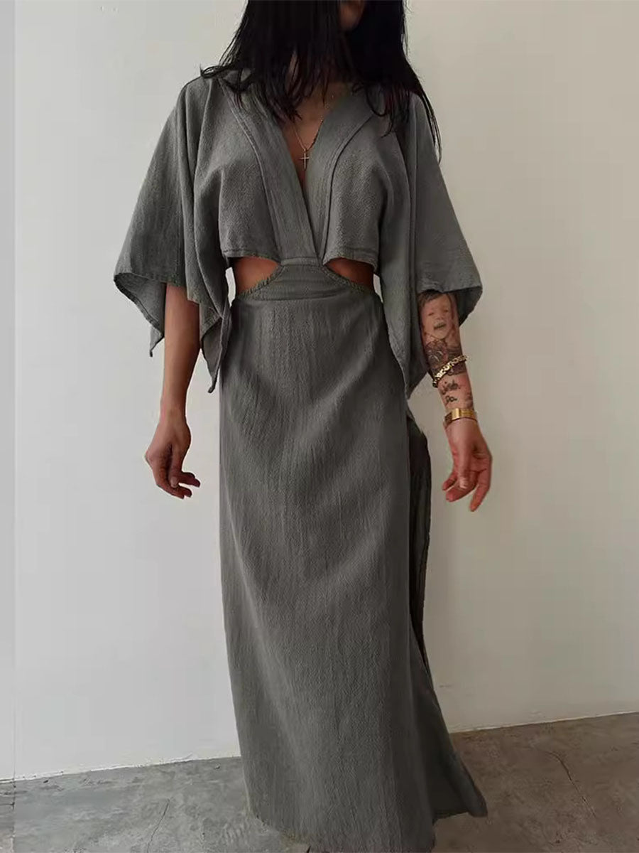 Chic exposed waist cotton and linen dress