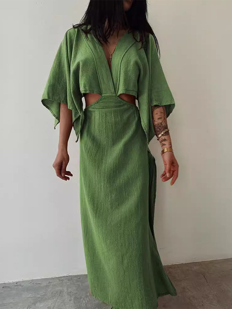 Chic exposed waist cotton and linen dress