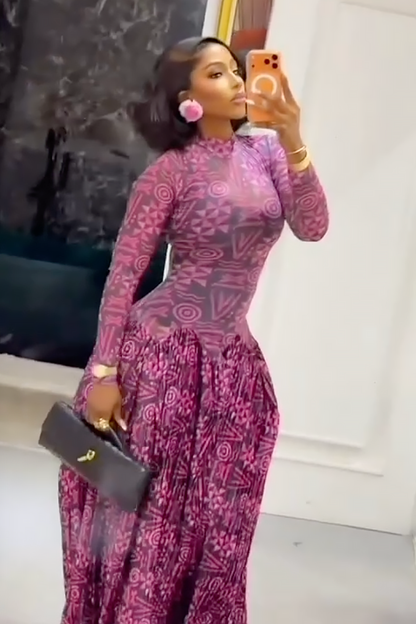 Geometric Print High Neck Maxi Dress