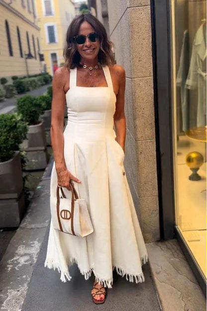 Boho Fringed White Maxi Dress with Pockets