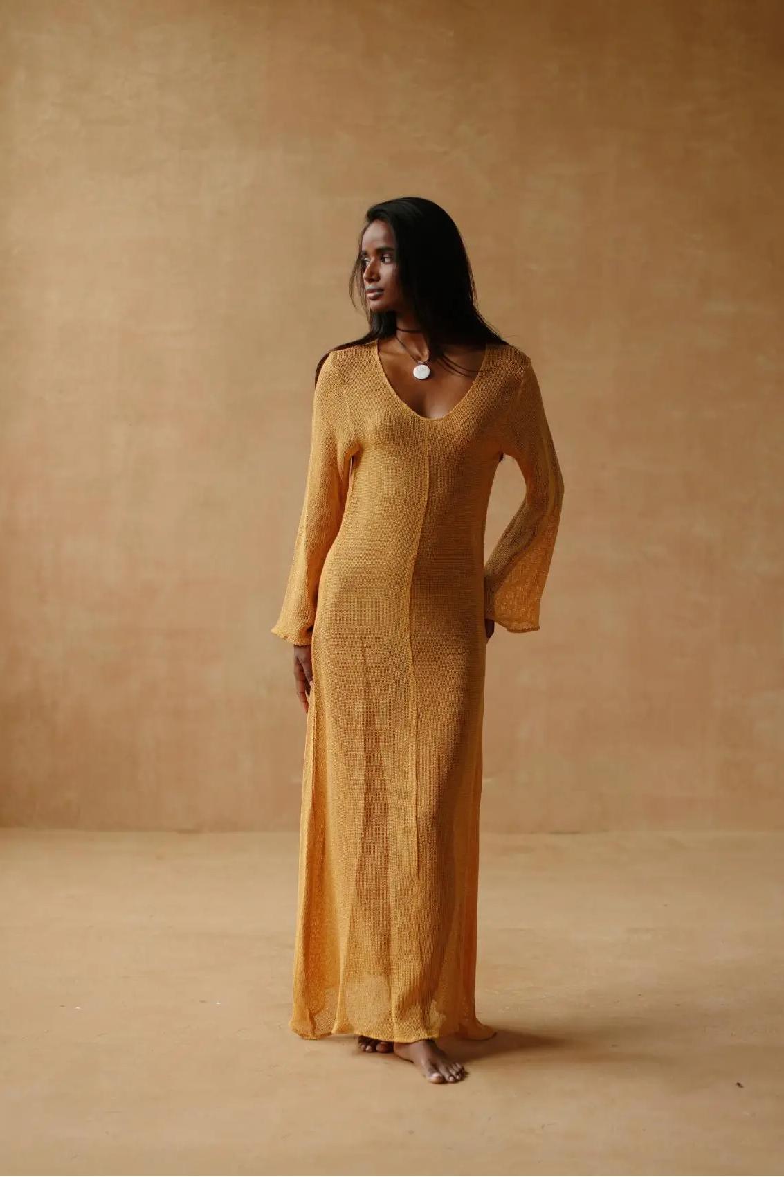 V Neck Maxi Knit Long Bell Sleeve Maxi Dress