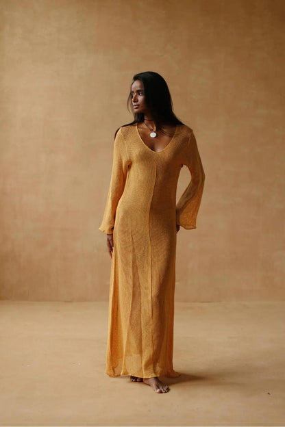 V Neck Maxi Knit Long Bell Sleeve Maxi Dress