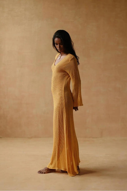 V Neck Maxi Knit Long Bell Sleeve Maxi Dress