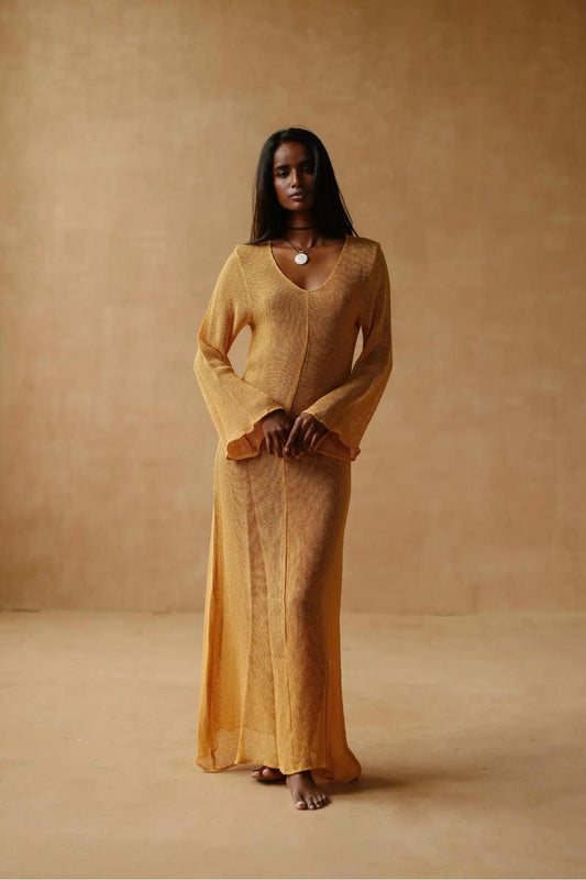 V Neck Maxi Knit Long Bell Sleeve Maxi Dress