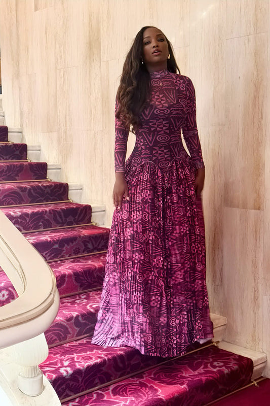 Geometric Print High Neck Maxi Dress