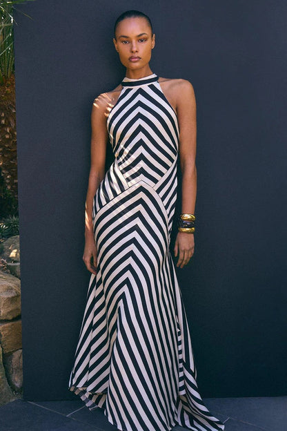 Mono Fluid Stripe Maxi Halter Dress