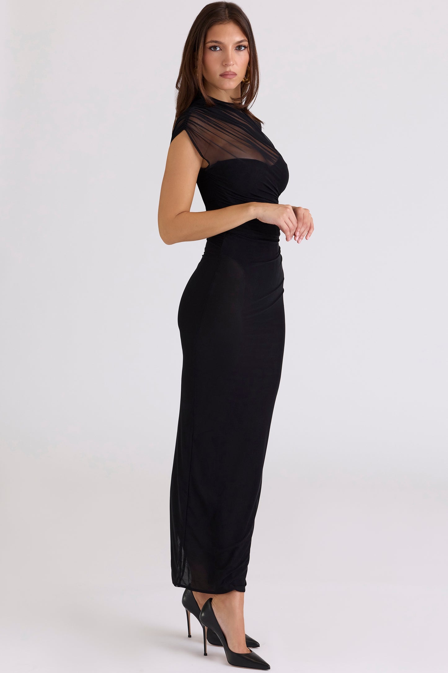 Orelia Black Draped Mesh Maxi Dress