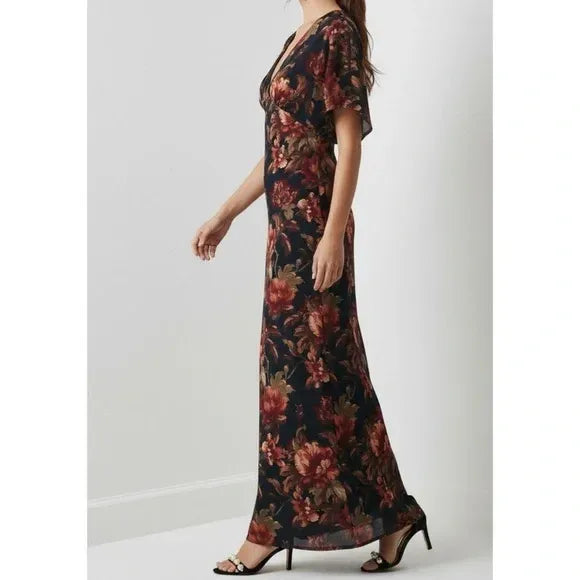 Deep-V Stretch Velvet Black Floral Maxi Dress