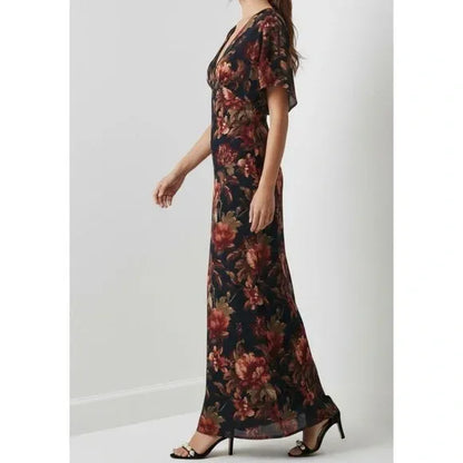 Deep-V Stretch Velvet Black Floral Maxi Dress
