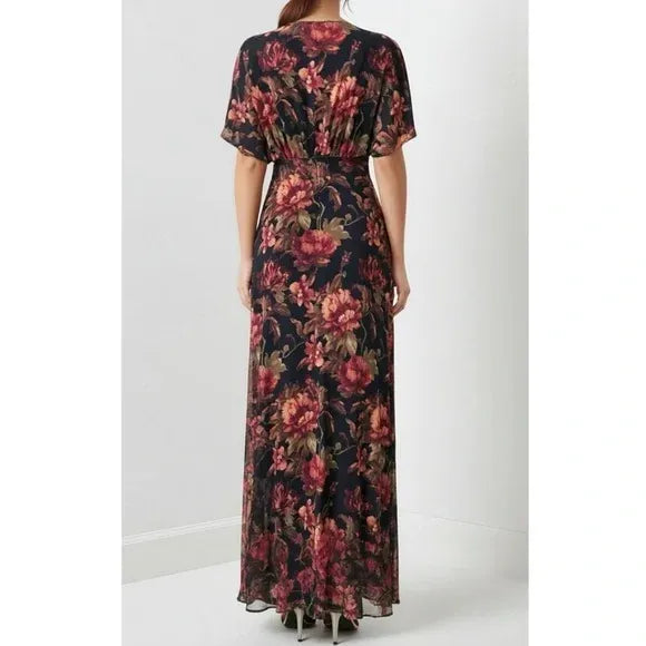 Deep-V Stretch Velvet Black Floral Maxi Dress