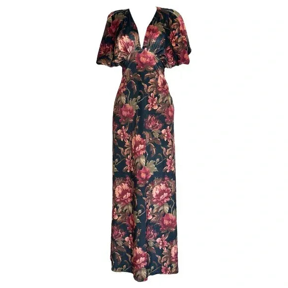 Deep-V Stretch Velvet Black Floral Maxi Dress