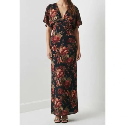 Deep-V Stretch Velvet Black Floral Maxi Dress