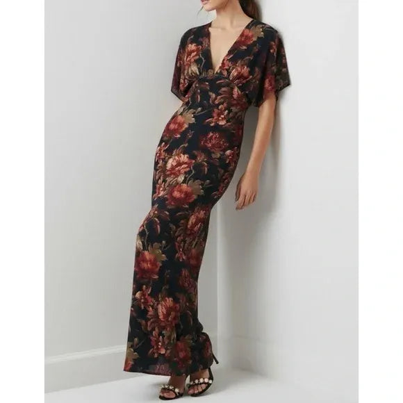 Deep-V Stretch Velvet Black Floral Maxi Dress