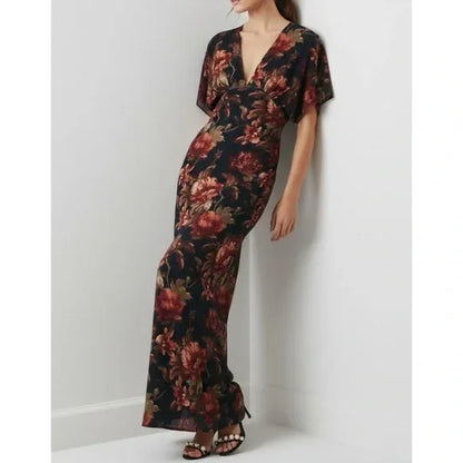Deep-V Stretch Velvet Black Floral Maxi Dress
