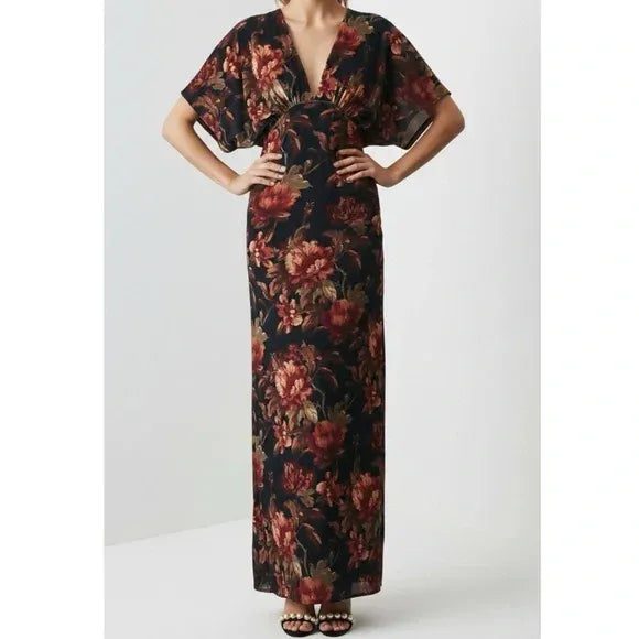 Deep-V Stretch Velvet Black Floral Maxi Dress